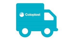 Turkis lastbil med Coloplast logo på