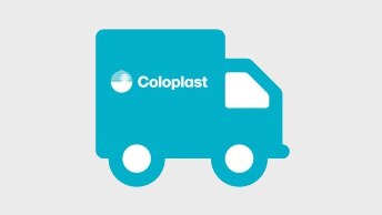 Turkis lastbil med Coloplast logo på